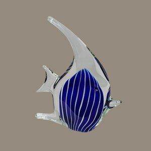 Large Vintage Murano Glass Sommerso Striped Angel Fish 8" Blue Art Sculpture